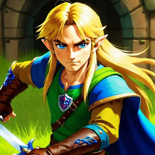 Prompt: Link, long yellow loose hair, handsome, green tunic, blue eyes, long pointy ears, brown gauntlets, blue sword and shield, colorfull