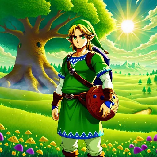 Prompt: (pregnant male Link), (Ocarina of Time), wearing green tunic and hat, standing in a serene Hyrule field, vibrant green landscape, sunlight casting warm golden tones, expressive eyes reflecting determination and warmth, whimsical, high detail, magical ambiance, fantasy theme, classic video game influence, ultra-detailed and colorful, HD quality.