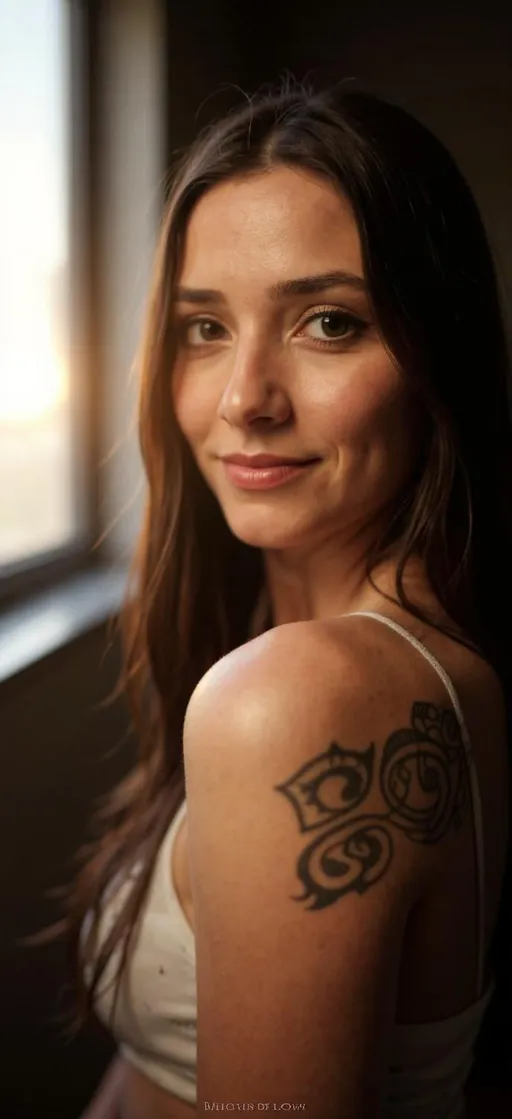 Prompt: Soft, natural light illuminates the face of a woman with long, gently flowing hair, creating a warm and inviting atmosphere. Her expression is calm, with a subtle smile that suggests confidence and serenity, accentuated by her bright, expressive eyes. The background is slightly blurred, hinting at an intimate indoor setting, possibly near a window, bathing the scene in a cozy glow. The composition focuses on her face, drawing attention to her features and the intricate tattoo visible on her shoulder, adding a touch of personal narrative to the image. The overall mood is one of tranquility and introspection, evoking a sense of connection and warmth.