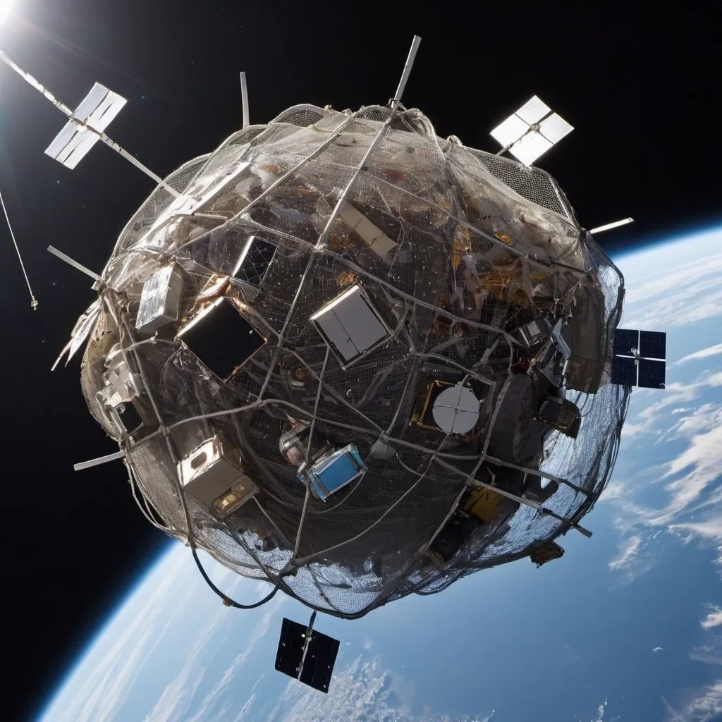 Prompt: A huge net gathering up space junk in space