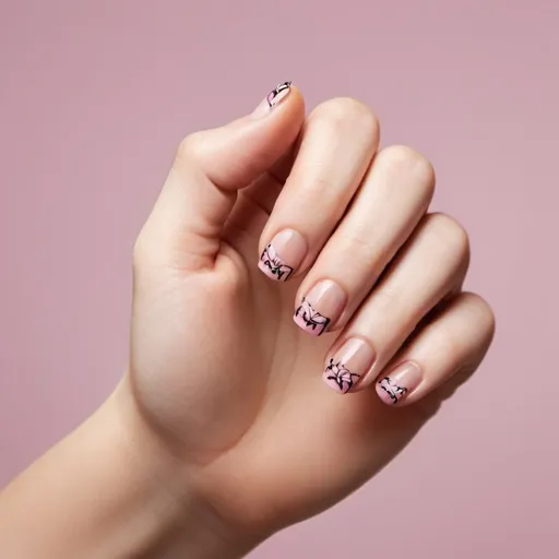 Prompt: photogragh of a single female hand showing nail art on 4 fingernails and one thumb. Taken with 35mm camara, photo should be realistic with a transparent background.

image should contain no more than 4 fingers and one thumb, the hand should look a real hand
