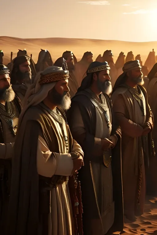Prompt: big group of 20 ancient isrealite leaders standing speaking with one an other outside in the desert