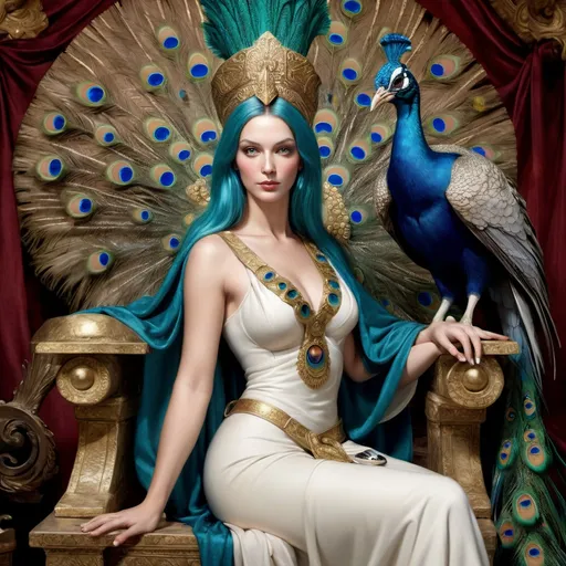 Prompt: Hera Queen of the Gods, sitting on a throne invitingly, peacock on her lap, cow in the background and a cuckoo bird on her shoulder