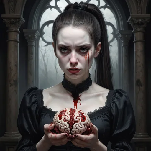 Prompt: In this fine art piece, a woman with a pale face and a thick ponytail is depicted in a gothic setting. She stares intensely at the viewer, holding a brain in her hand, blood trickling down her arm. The scene is both fantasy and realistic, blurring the lines between the ordinary and the supernatural. The woman's expression is enigmatic, hinting at a deeper story behind her unsettling actions. The intricate details in the artwork invite viewers to ponder the meaning behind the juxtaposition of beauty and horror, creating a sense of unease and fascination.