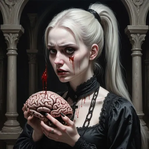 Prompt: In this fine art piece, a woman with a pale face and a thick ponytail is depicted in a gothic setting. She stares intensely at the viewer, holding a brain in her hand, blood trickling down her arm. The scene is both fantasy and realistic, blurring the lines between the ordinary and the supernatural. The woman's expression is enigmatic, hinting at a deeper story behind her unsettling actions. The intricate details in the artwork invite viewers to ponder the meaning behind the juxtaposition of beauty and horror, creating a sense of unease and fascination.