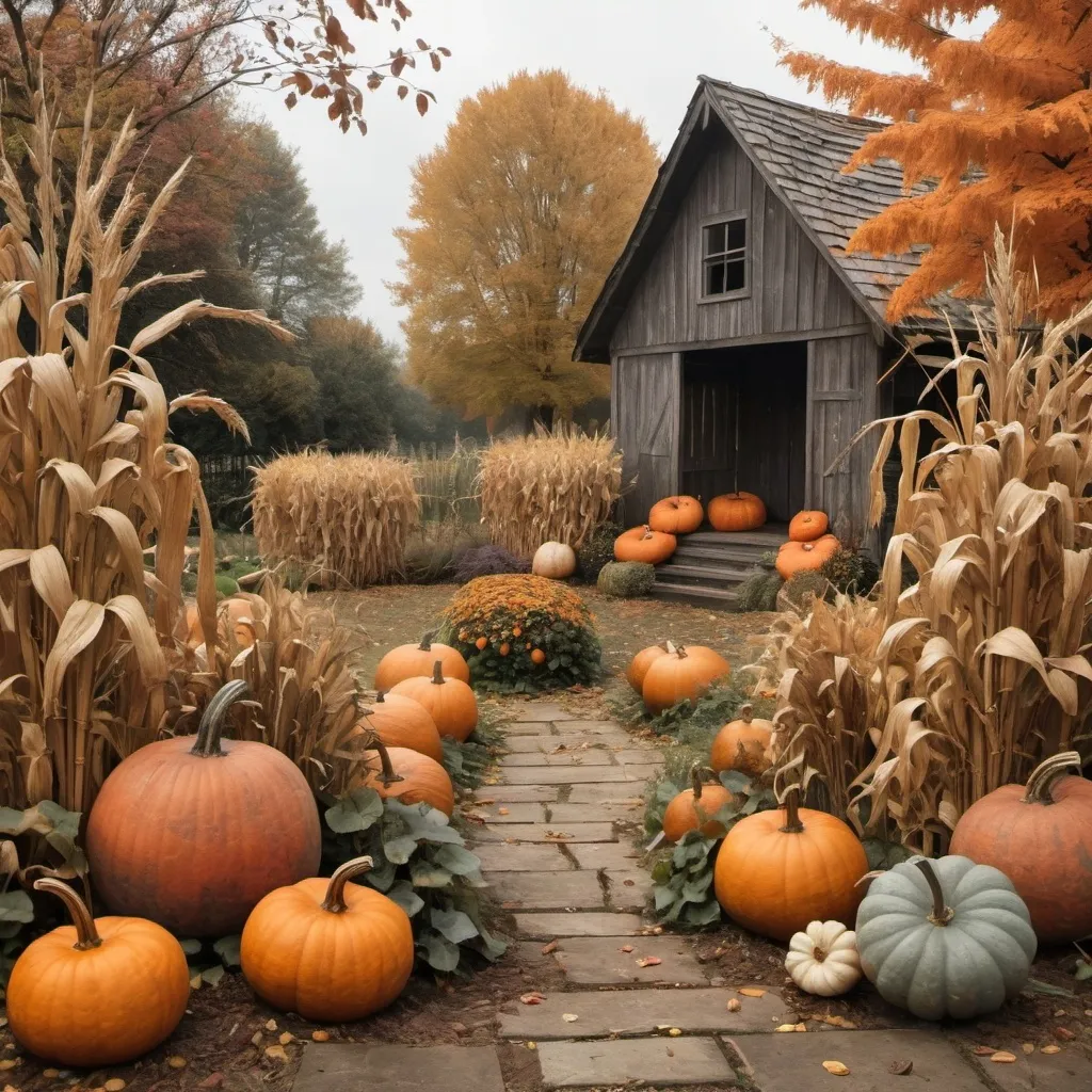 Prompt: an autumn garden with pumpkins and weathered cornstalks and falling leaves