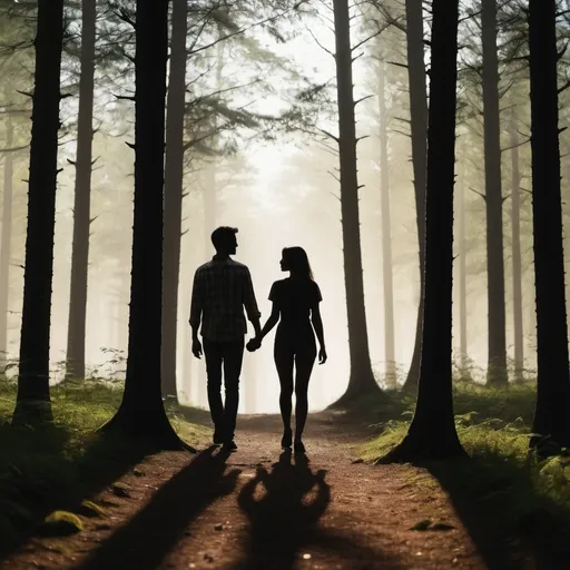 Prompt: silhouette of two people,  a man and woman, walking hand in hand through a beautiful forest grove