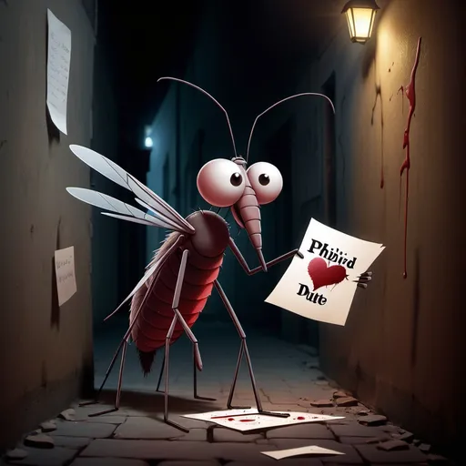 Prompt: An image of a mosquito character Louie. his long shadow emerging from a dark alley. He looks extremely depressed.

We see Louie holding a torn love letter in his hand. It has the words

“Phir milenge udte-phirte” written with blood