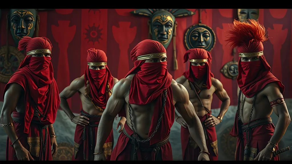 Prompt: "A mystical scene featuring A group of muscular NIGERIAN Nigerian village warrior dressed in red warrior attire with their face covered. The background is dimly lit red and white wall with ancient Igbo mask hanging on it. with warm, atmospheric lighting, creating a dramatic contrast between the characters. The scene exudes a supernatural and cinematic feel, with a sense of magic and energy in motion."