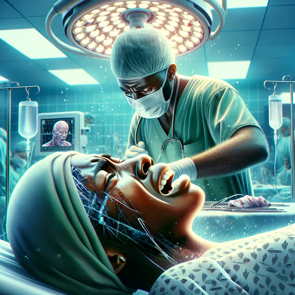 Prompt: Closeup crying face of a 25 years old African female patient crying profusely while laying on a hospital bed in a bright and sterile operating room, male surgeon in medical mask focused on delicate surgery on patient, emotional scene, afrofuturism, vivid contrast between weariness and determination, high detail, ultra-detailed, HD, capturing raw emotion and tension within the atmosphere of medical adversity.