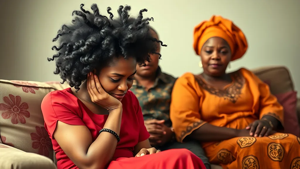 Prompt: a young beautiful Nigerian lady with voluminous afro hair, wearing a red dress, sits on a couch, crying with deep emotion. Tears stream down her face as she holds her head in her hand. An older Nigerian woman in a traditional orange outfit with a matching gele headwrap sits beside her, comforting her with a gentle touch. Behind them, a concerned Nigerian man in a brown shirt and another woman in a patterned dress watch with worried expressions. The background is softly lit, creating an emotional and dramatic scene.