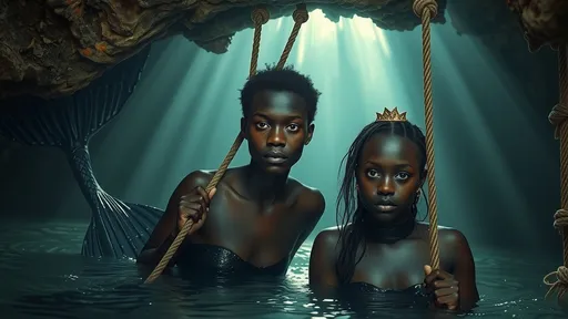 Prompt: Two Nigerian dark-skinned mermaids with dark, shimmering tails are tied up with ropes, theirs bodies are tied with rope in a dimly lit underwater cave. Shafts of light filter through the water, casting eerie shadows on the rocky walls. Their expressions show defiance and determination as they await their fate. High detailed realistic facial features, sharp focus on facial symmetry and natural expression. Hyper-realistic, ultra-detailed, cinematic lighting, 4K resolution, professional photography style.