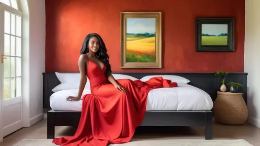 Prompt: A stunning 18-year-old African girl in a beautiful bedroom, wearing a flowing red gown, long black hair cascading gracefully. She sits relaxed on the bed, expressive and joyful. Behind her, a decorative wall frame showcases a serene scene, complemented by open windows draped in soft white cotton, revealing a vivid, lush green field outside. Cozy, warm lighting enhances the inviting atmosphere in high detail, creating a delightful ambiance.