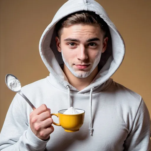 Prompt: Cute guy in hoodie holding up a small spoon full of white powder