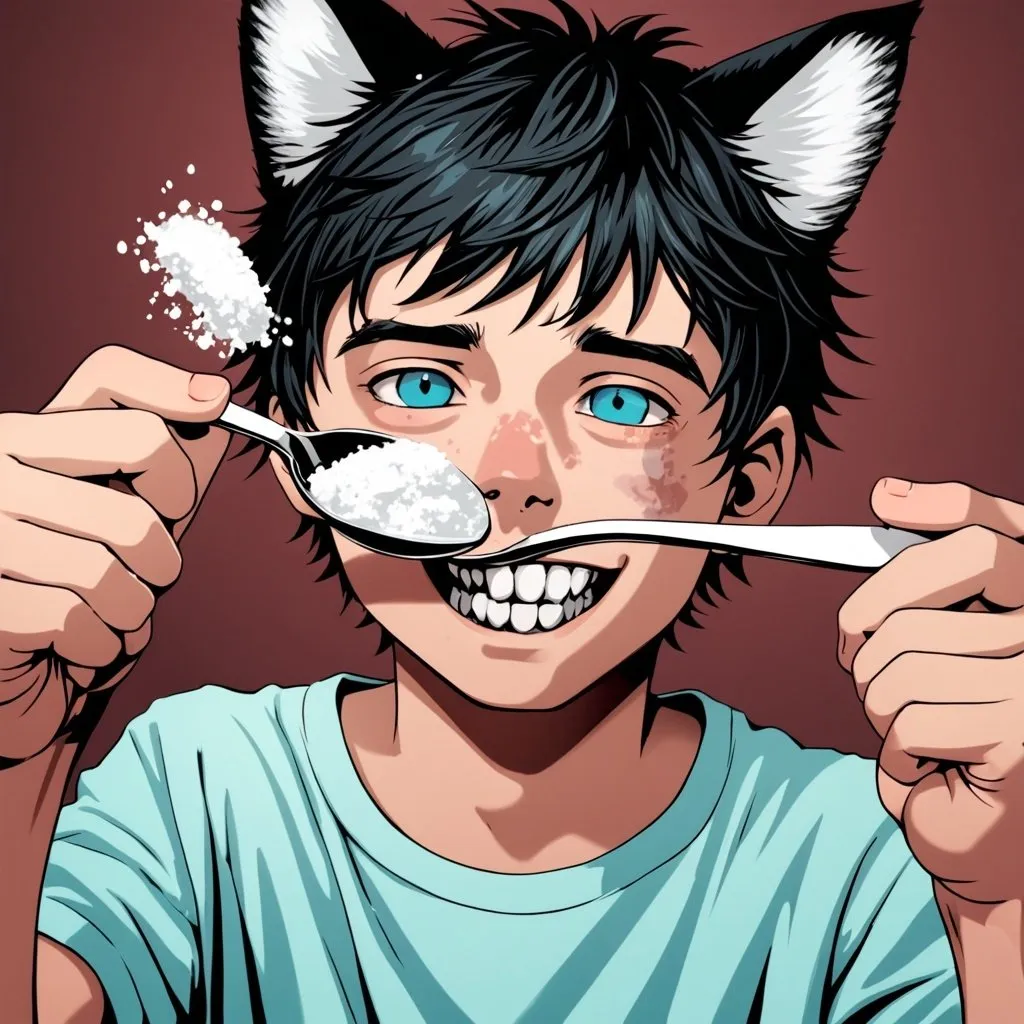 Prompt: Hot kid with cat ears male holding up a spoon of cocaine to the camera