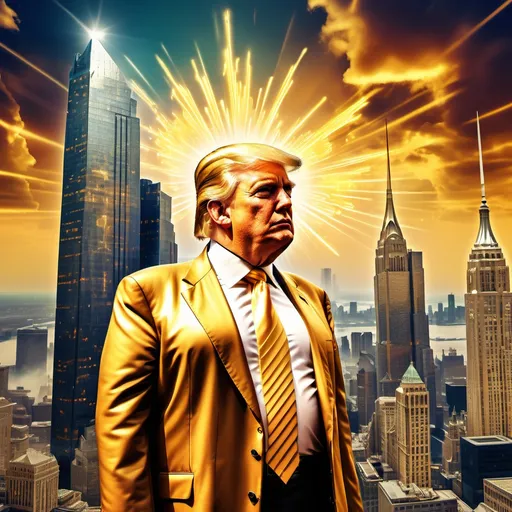 Prompt: (fantasy style image), (Trump-inspired mythical stock market), colorful and dynamic, dramatic composition, intricate details, vibrant imagery, rich textures, whimsical elements, glowing gold and silver tones, fantastical skyline background, high-quality, 4K resolution, capturing a sense of ambition and extravagance, highlighting symbols of American prosperity and success.