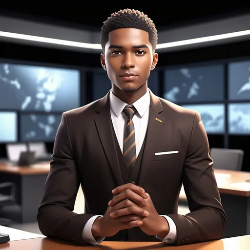 Prompt: (realism style), (warm color scheme), adult version of brown boy magic black anime , poised black  news anchor, confident expression, smart casual attire, polished microphone, modern newsroom background, soft lighting highlighting features, inviting atmosphere, lively environment, 4K, ultra-detailed composition, capturing the essence of professionalism and charm.