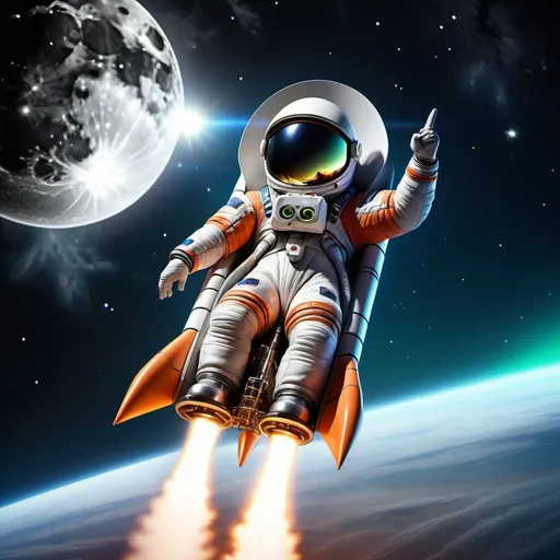 Prompt: (realistic depiction of jENSON hUANG OF nVDA
 on a rocket to the moon), dynamic composition, vivid colors portraying excitement, celestial background with vivid stars and the moon, capturing the essence of adventure, high-definition, ultra-detailed, (futuristic elements) on the rocket, spectacular lighting to enhance mood of exploration.