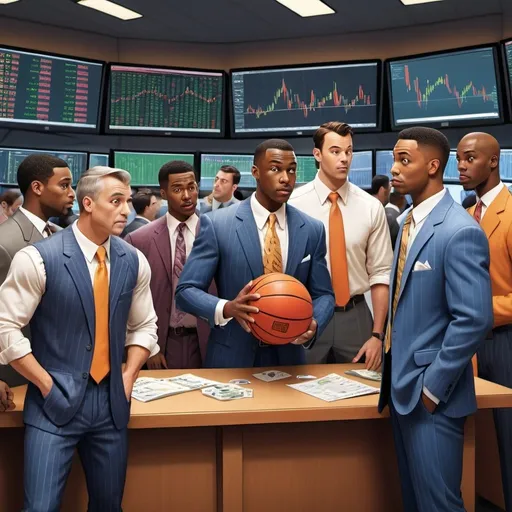 Prompt: a group of animated people of all races in a stock trading competition, add charts and a playing field with wall street brokers dressed up as basketball players.

