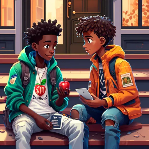 Prompt: <mymodel> black boy and white boy sitting on stoop discussing apple stock