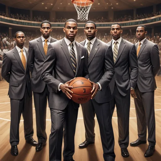 Prompt: hyper-realistic black wall street basket ball team
 with stock market hands, fantasy character art, illustration, dnd, warm tone entering a competition crouch