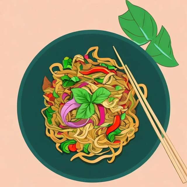 Prompt: create me an illustration of a vegan thai dish for example a stir fried noodle dish that is suitable for a retro minimalistic t-shirt
