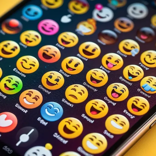 Prompt: Close-up of various emojis on a phone screen.