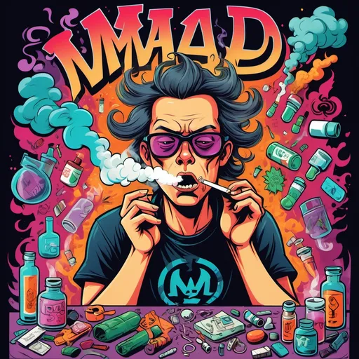 Prompt: Colour, cartoon illustration of a person exhaling smoke, surrounded by vibrant and chaotic drug paraphernalia, emphasizing a sense of mayhem, cool and rebellious atmosphere, prominently featuring accurately spelled text "MAD MED", with unique stylized fonts that enhance the disorderly theme, high-quality detailing and bold contrasts.