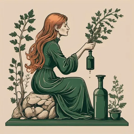 Prompt: A minimalistic linocut print illustration. The two colors forest-green and copper-orange are isolated amidst beige background. 
Simple, contrasting, clean and bold strokes, minimalist style, less details. Abeautiful alchemist woman crafts an elixier at a copper still placed on a stone podium. Her cascading long hair and nature-inspired jewelry, side view of the face. Clad in a vibrant gown, she presents a bottle adorned with the phrase "Genuss aus dem Garten der Natur - wild und besonders" and the word "Absinth" in elegant, hand-carved typography. A dwarf riding on a jumping boar, hands over many long thin roots to the alchemist woman.						
The background is a simple beige adorned with floral patterns of the wild, like herbs, rosehips, rose petals wild berries, sloe berries, hazelnuts, blooming wormwood plants and wild flowers. Fir trees in the distance.
Iiwards