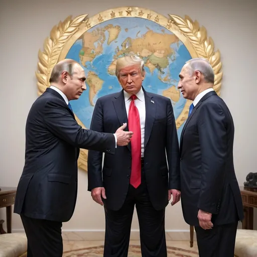 Prompt: A realistic picture of world leaders Donald Trump, Vladimir Putin, and Benjamin Netanyahu, looking to each other and compiting in dark light with crownd in the background