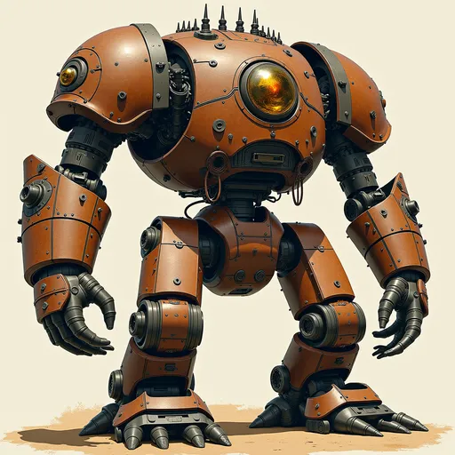 Prompt: A dungeons and dragons, Steampunk-style golem with a cockpit for a person to pilot it. The golem looks like a large suit of armor. The golem appears made of steel, and has a dark bronze color to it. Jim Lee art. Dungeons and dragons art.