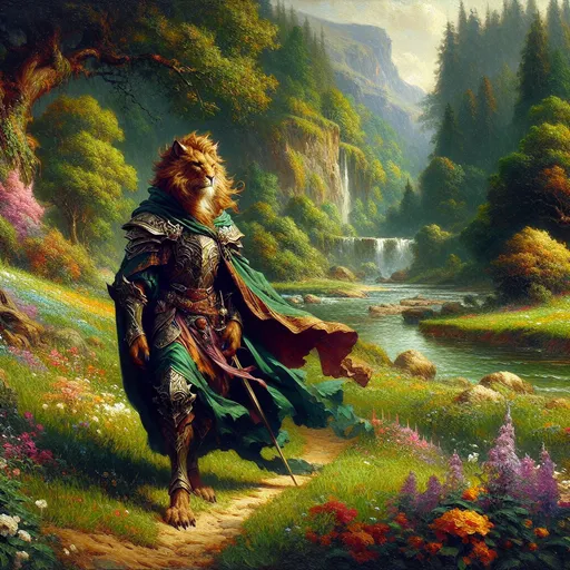 Prompt: A classic million dollar painting of a dungeons and dragons Leonin warrior in the style of Final Fantasy art. The leonin is in a beautiful and colorful ghibli meadow next to a fantasy road. A river is close. The leonin'mane blows in the wind. This leonin warrior is dressed in a cloak and stylish armor. Fantasy art. Comic cover art. Jim Lee art. Dungeons and dragons art.