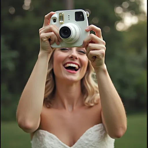 Prompt: woman at a wedding taking photos with instax cameras and laughing