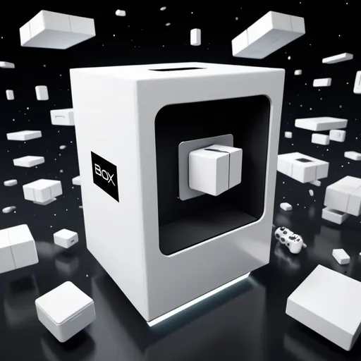 Prompt: A futuristic 3D rendering of a sleek white box floating in space with gadgets mobiles, gaming consoles flying out, 4k crisp, technology, futuristic, dynamic movement, high-tech, detailed design. Sleep Black Box has "2 minute unboxing"  written on it.