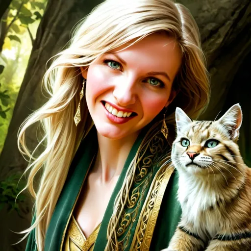 Prompt: hyper-realistic high elf character with intricate robes, fantasy character art, illustration, dnd, golden tones, nature, with a Pallas's cat