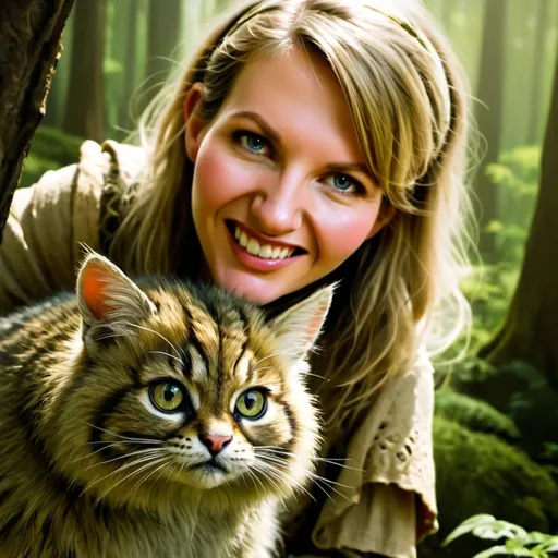 Prompt: hyper-realistic forest gnome character with intricate robes, fantasy character art, illustration, dnd, golden tones, nature, with a fuzzy Pallas's cat standing next to her, HD