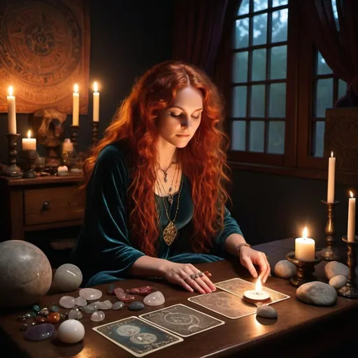 Prompt: In a dimly lit room, the psychic medium sits cross-legged on a plush velvet cushion. Her long, curly red hair cascades down her back like a fiery waterfall. The air is thick with mystical energy, and the scent of burning sage lingers.

Before her, an antique wooden table holds an array of tools for divination. Crystal balls, tarot cards, and rune stones are carefully arranged. Each crystal glimmers in the soft candlelight, casting prismatic reflections on the walls.

The psychic medium’s eyes are closed, her hands resting gently on the cards. She channels her intuition, connecting with the spirit realm. The room seems to vibrate with unseen forces—the veil between worlds thinning.

Outside the window, a crescent moon hangs low in the sky, its silver glow illuminating the room. Stars twinkle like distant memories, whispering secrets to the medium. She listens, her heart open, ready to receive messages from beyond.

And there, in that sacred space, the psychic medium bridges the gap between the earthly and the ethereal—a conduit for cosmic wisdom and healing energy. 🌙✨