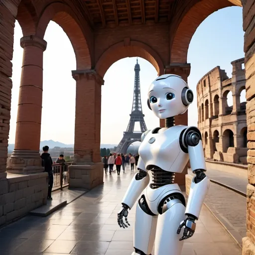 Prompt: small tour guide female robot is look like a human , Eiffel, Colosseum, Pisa Tower, Great Wall of China and England Clock Tower. There should be a female robot image in the middle of this image