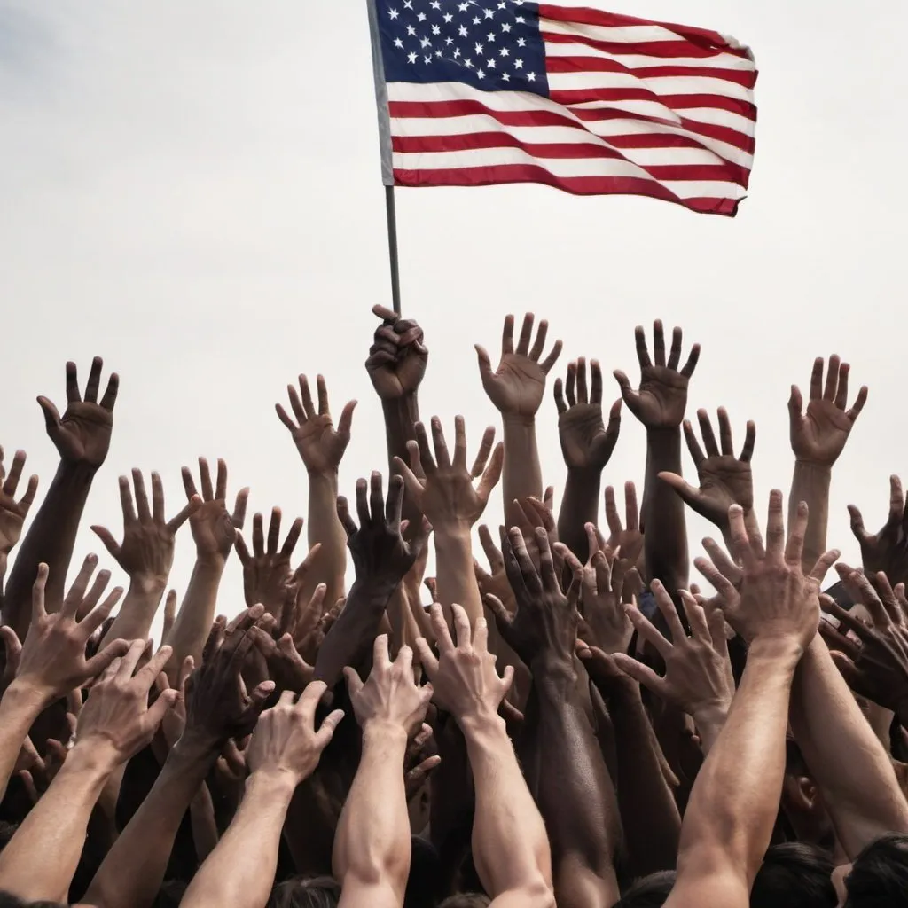 Prompt: a hill of arms and hands all reaching upwards, one hand towards the top of the hill holds an american flag