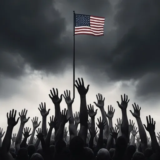 Prompt: a hill of arms and hands all desperately struggling to reach upwards, one hand towards the top of the hill holds an american flag, dark emotion