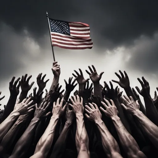 Prompt: a hill of arms and hands all desperately reaching upwards, one hand towards the top of the hill holds an american flag, dark tone, desperation, struggle