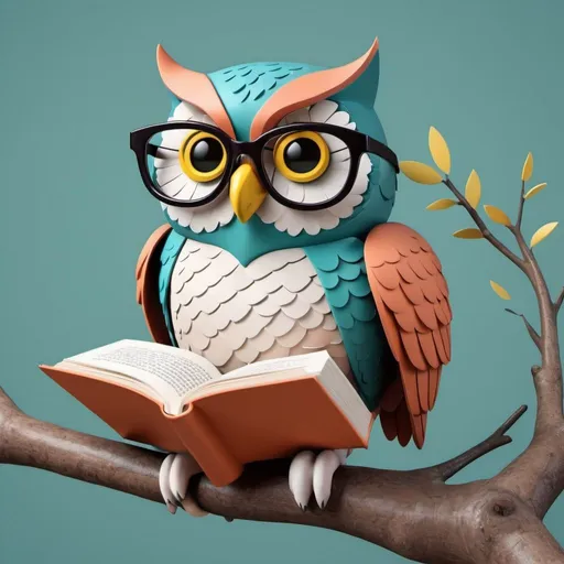 Prompt: an owl perch on a branch wearing glasses and reading a book. Graphic in 3D and a combination of bold and subtle colors