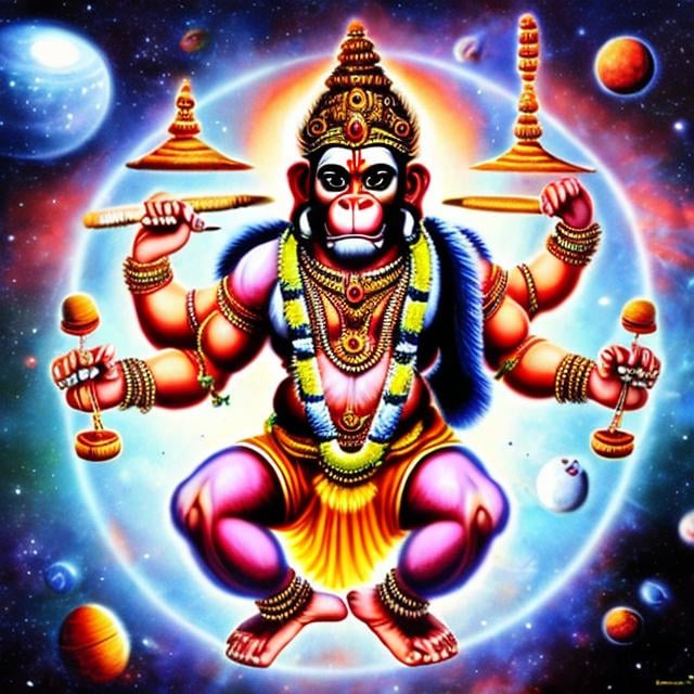 Prompt: Lord Hanuman with 4 arms holding 4 beaters playing 4 indian drums.  Space background