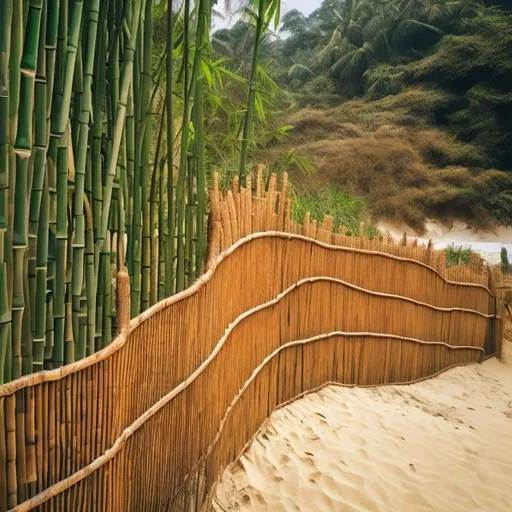 Prompt:  A bamboo fence with sand and sea
