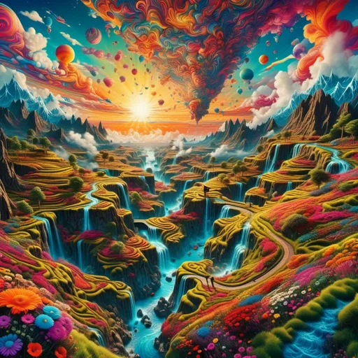 Prompt: <mymodel>Psychedelic landscape art (Synthetic Landscapes), vibrant warm color scheme, swirling patterns, mesmerizing shapes, dreamlike atmosphere, deep-textured layers, high contrast, vivid detail, surreal elements, captivating contrast between light and shadow, rich and dynamic hues, transcendent ambiance, ultra-detailed, high-quality, immersive experience.