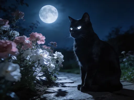 Prompt: black house cat under a full moon by a flowery garden