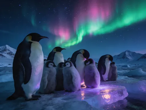Prompt: Penguins in antarctica at night with an aurora