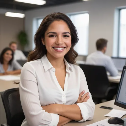 Prompt: latina woman smiling peacefully in a working environment after solving a problem
