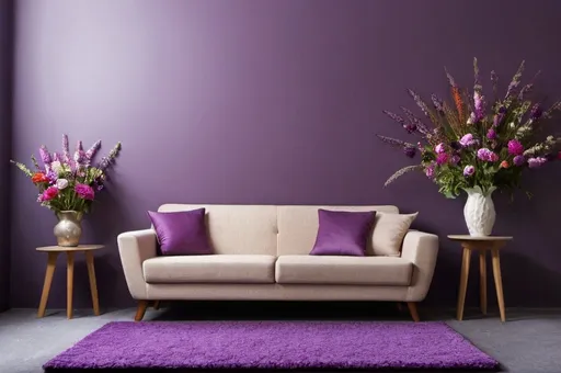Prompt: carpet in various flowers and sofa in purple colour 