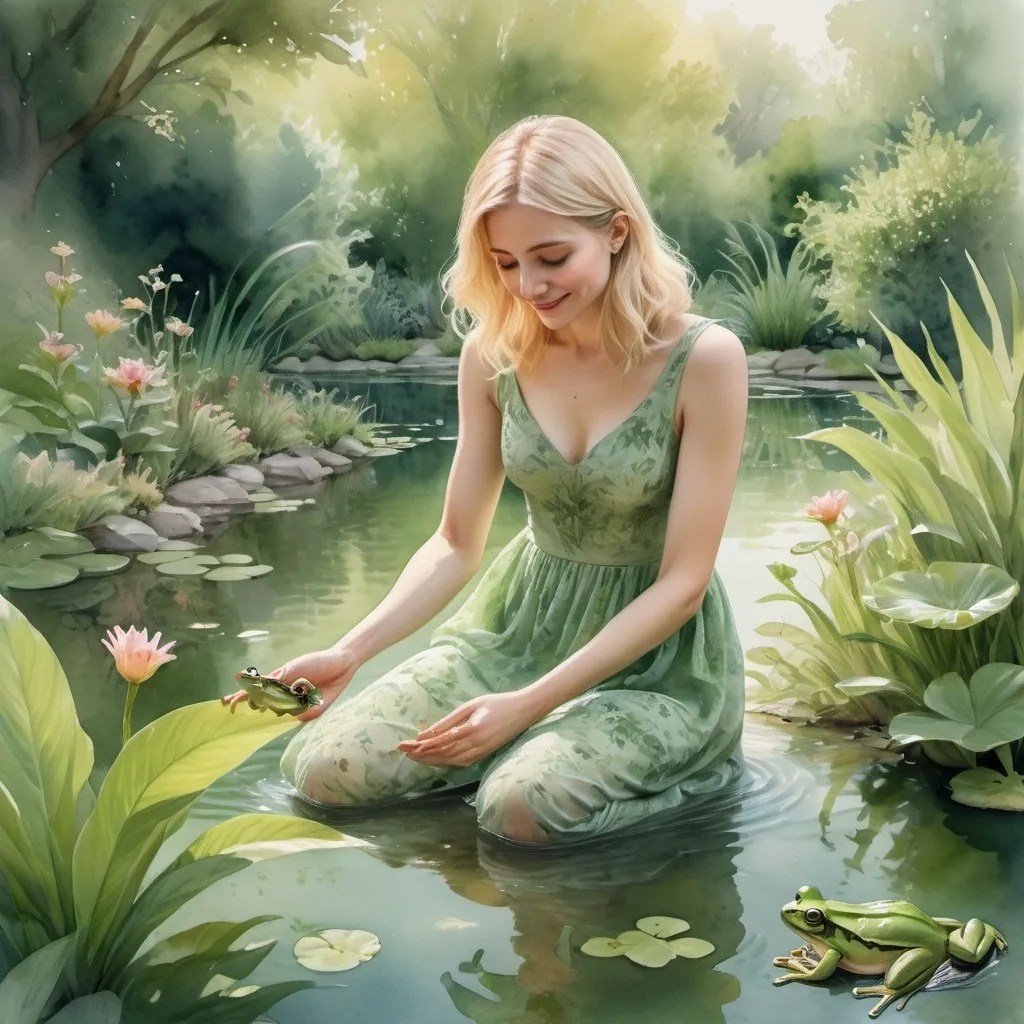 Prompt: (watercolor image of blonde woman with green dress) playing with (frog-like creature), intricate and delicate brush strokes, soft pastel color tones, warm lighting, whimsical atmosphere, joyful and playful mood, lush garden background with detailed foliage, serene pond in the scene, spring floral elements, highly detailed, incredibly realistic textures, ultra-detailed, 4K, masterpiece, beautiful composition.